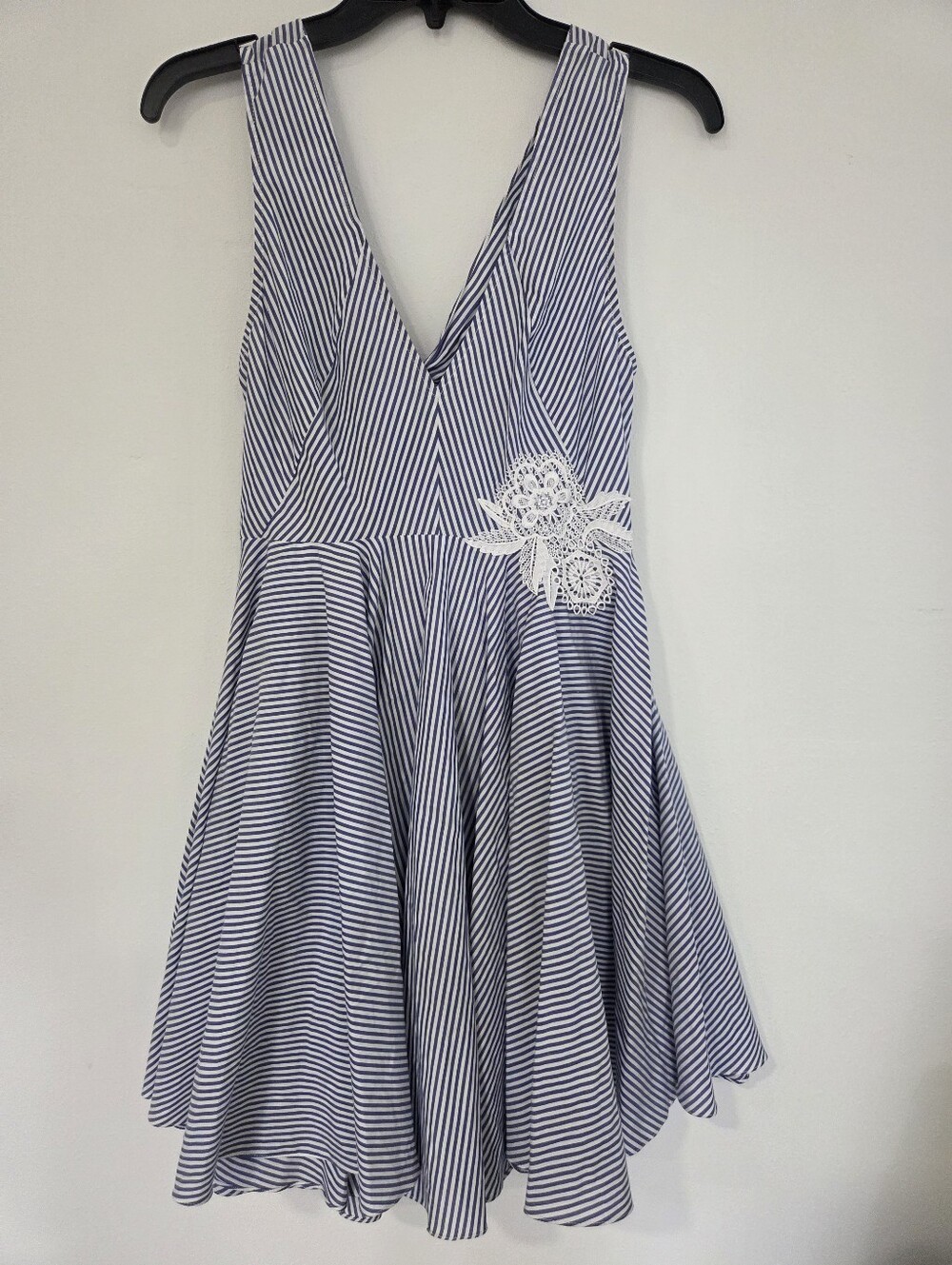 Sandro Navy & White Striped V‑Neck Fit‑and‑Flare Mini Dress with Lace Applique